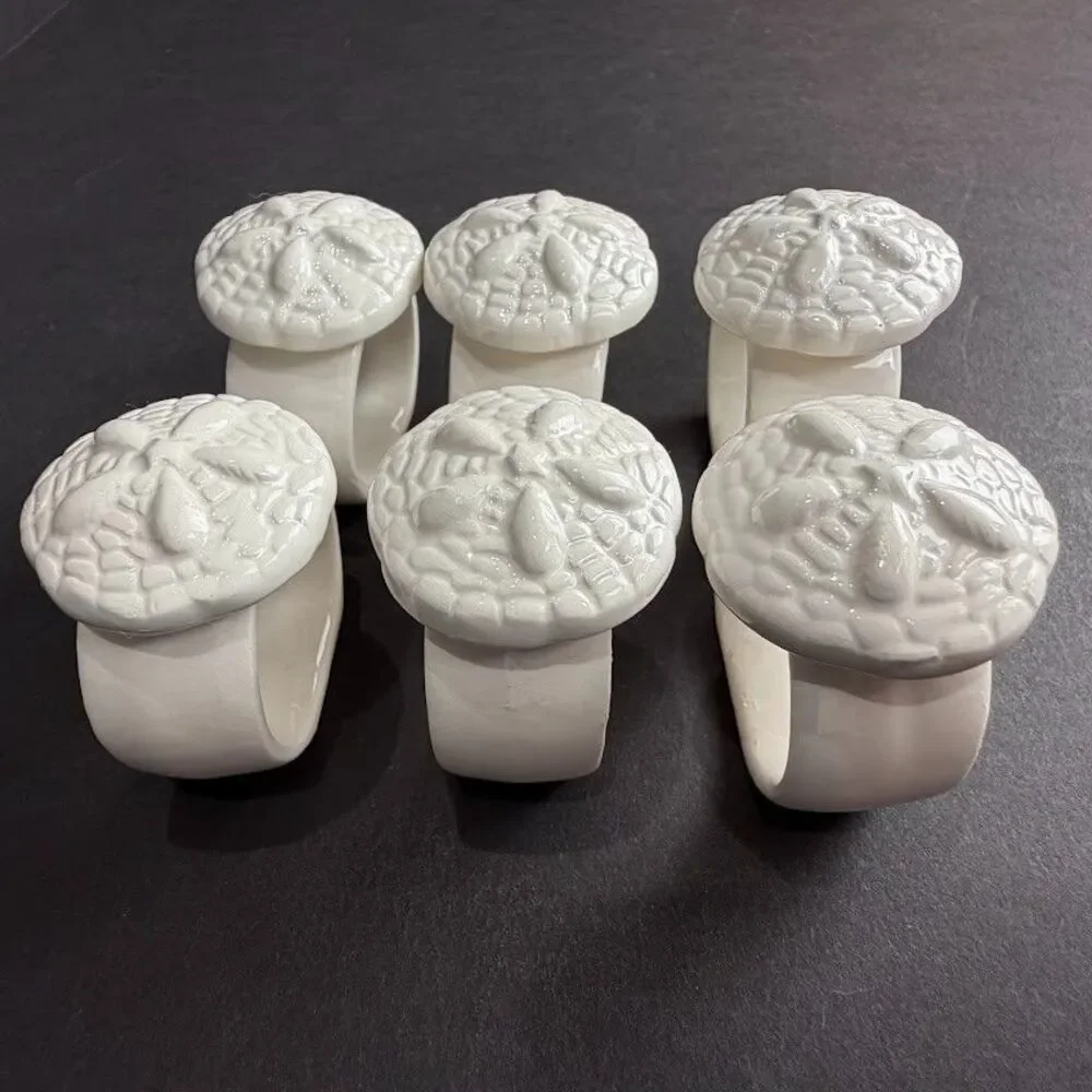 Set of 6 Vintage White Ceramic Sand Dollar Napkin Rings, Coastal Beach, EUC